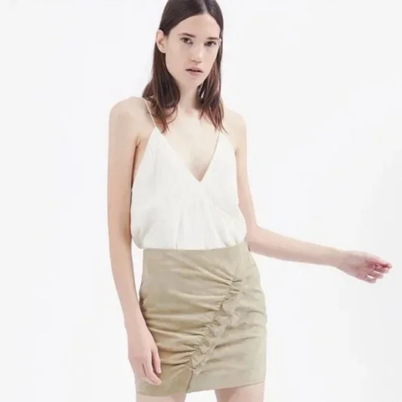 IRO Cerry Front Gathered Ruffle Suede Leather Mini Skirt in Tan Size M